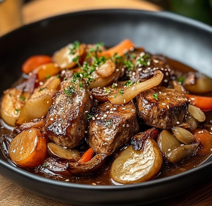 caramelized beef with onions and soy sauce a tasty and delicious dish ingredients 500 g beef (rump steak, fillet or flank steak), cut into thin strips 3 medium onions, chopped 3 tablespoons soy sauce 2 t